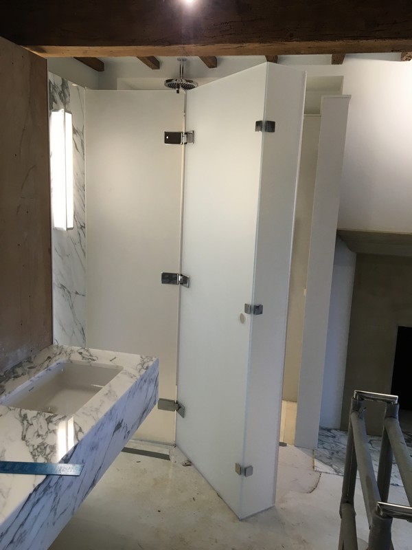 Bespoke frosted glass shower enclosure in Marlow luxury bathroom